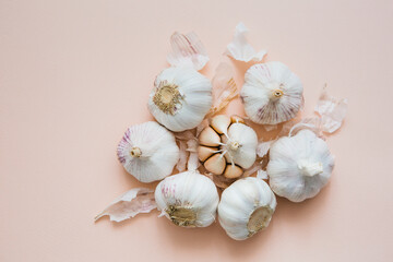 Bulbs of garlic on pink background, close-up. Organic garlic, top view. Natural antiviral agent.