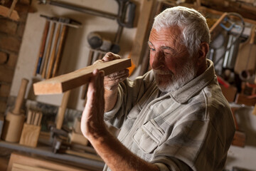 Experienced senior carpenter in his workshop. Measuring the wooden furniture part .