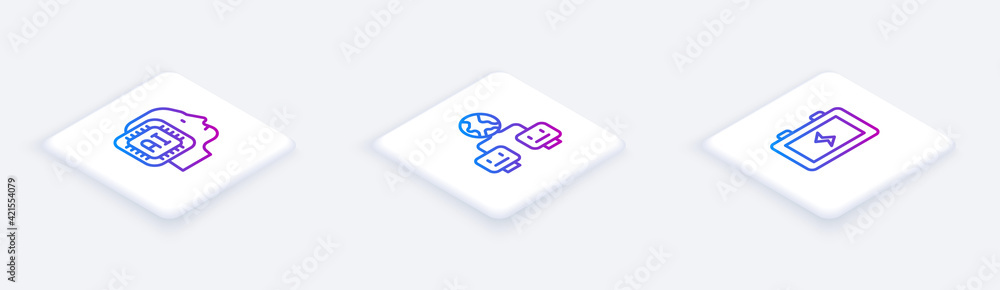 Poster Set Isometric line Humanoid robot, Artificial intelligence and Battery. White square button. Vector