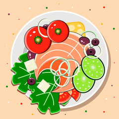 Fish Steak With Fresh Vegetables Baked. Fish On A Plate With Tomatoes, Lettuce Leaves, Cucumbers And Cheese. Image For Banner Or Menu. 