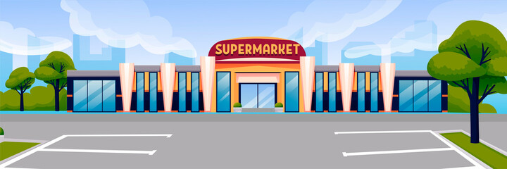 Parking lot near supermarket background. Place for vehicles with marking on road, store for grocery shopping vector illustration. Outdoor horizontal panorama with trees and building