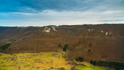 Germany, Magical view above mountains and valley of swabian jura nature landscape near stuttgart...