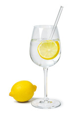  Fresh yellow lemon and glass of water with a lemon slice