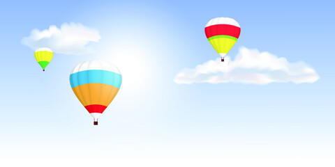 Bright, multi-colored balloons on a blue sky with white fluffy  clouds and sun. Light blue background. Day, morning. Vector illustration