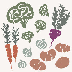 Vegetables set. Healthy food. Abstract illustration. Eco-friendly. Carrot, beet, garlic, potatoes, broccoli . Kitchen counter. Scandinavian style