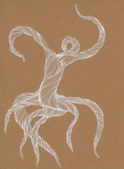 Dancing tree spirit, line drawing white gel pen on craft paper