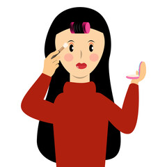 Woman applying eye shadow on her eyelid. Girl with a roll on her head wearing makeup by herself cartoon vector.