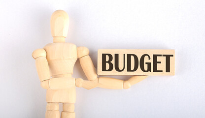 Wooden man shows with a hand to block with text Budget