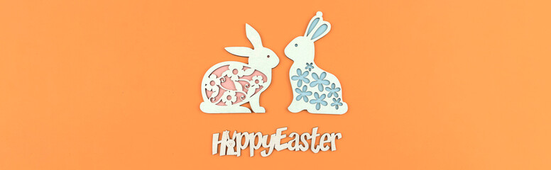 Easter background banner with text and bunny decoration, copy space
