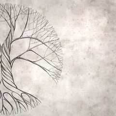 stylish textured old paper background, square, with line drawing of a tree