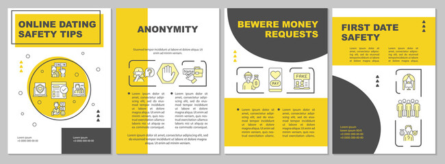 Fototapeta premium Online dating safety tips brochure template. Beware money requests. Flyer, booklet, leaflet print, cover design with linear icons. Vector layouts for presentation, annual reports, advertisement pages