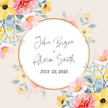 Save the date. Pink yellow floral watercolor with golden circle