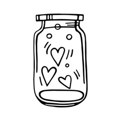 Cute cartoon glass jar filled with hearts. The concept of love and Valentine's Day. A hand-drawn jar with a love message. Doodle vector illustration isolated on white background. For card, sticker.