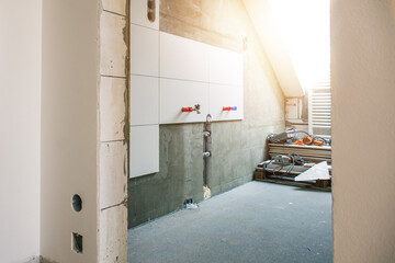 Rebuilding an old real bathroom of apartment or flat, ready for renovate. From old to new interior do it yourself concept.