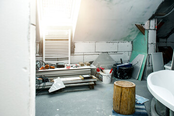 Rebuilding an old real bathroom of apartment or flat, ready for renovate. From old to new interior...