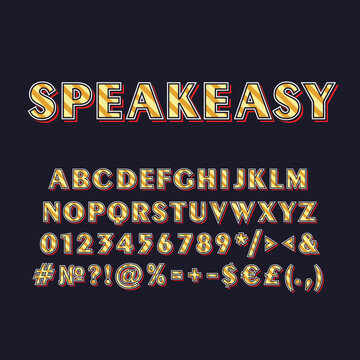 Speakeasy vintage 3d vector alphabet set. Retro bold font, typeface. Pop art stylized lettering. Old school style letters, numbers, symbols pack. 90s, 80s creative typeset design template