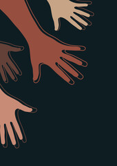 Raised hands, open palms. The concept of charity, volunteering, love, kindness, equality, racial and social issues. Vector illustration