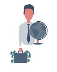 Businessman or clerk holding a suitcase with money and a globe. Male character in simple style with objects, flat illustration. Business concept. Isolated on white background.