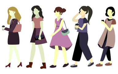 flat vector illustration of fashion women walking on the street