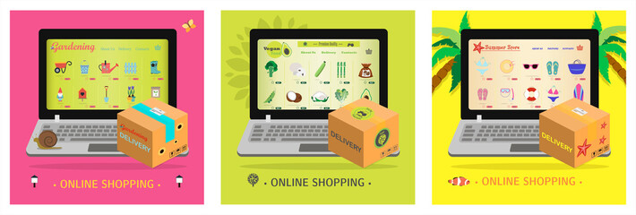 A set of sites for online stores of gardening, beach goods, vegetarian food. Vector cartoon illustration of web pages. Laptop pages with corporate identity and logo. Delivery of goods.