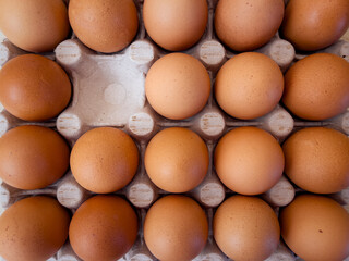 Brown eggs in cardboard egg box. Top view of raw organic chicken eggs in carton.