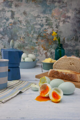 Farmhouse Blue Eggs breakfast with bread in High Key Lighting