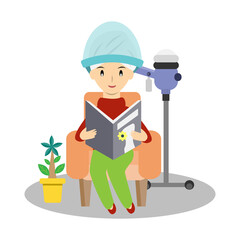 Young Woman reading a book during doing hair steamer in hair salon isolated on white background cartoon vector