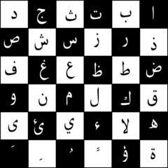 Arabic letters on a black and white chess board
