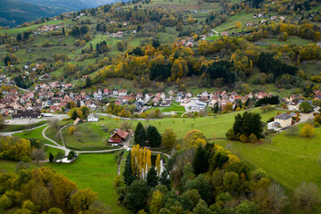 Old town in the Vosges mountains. Aerial landscape