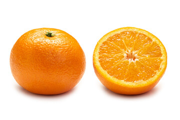 Whole oranges and half cut. Isolate on white background 