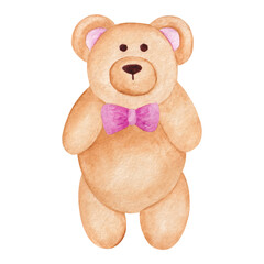 Baby teddy bear. Hand drawn watercolor illustration. Cartoon kids clipart for baby shower, kids bedroom decor, birthday party or textile of apparel.