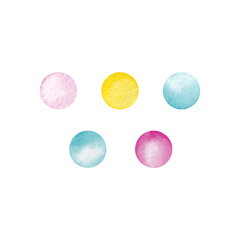 Colored circles. Hand drawn watercolor illustration. Cartoon kids clipart for baby shower, kids bedroom decor, birthday party or textile of apparel.