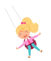 Kid riding in amusement park swing. Happy child sitting in seat moving in air vector illustration. Girl having fun in summer carnival or fair in carousel attraction on white background
