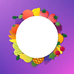Fruit concept. Circle background of fruits and berries drawn in a flat style.