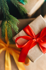 christmas gifts on wooden background