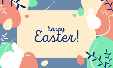 Happy Easter Day. Colorful greeting card. Banner with Easter eggs and bunny rabbits and plants in light frame