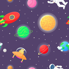Cosmic fabric for kids. Astronaut with rocket and