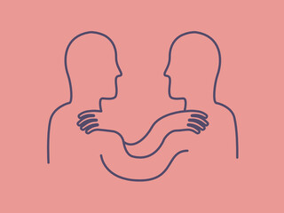 Agreement minimalist symbol. Line art abstract illustration about unity. Two people face to face looking to each other and holding hands on shoulders. Vector.