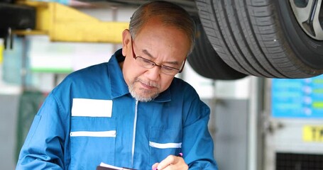 Asian Senior man mechanic working Under a Vehicle in a Car Service station. Expertise mechanic working in automobile repair garage.