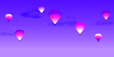 Obraz premium Bright, multi-colored balloons against a purple night sky with dark clouds and stars. Evening night. Dark purple background. Vector illustration