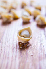 Fresh raw homemade tortellini or ravioli pasta. Arrangement of homemade italian Tortellini.  Freshly prepared homemade raw pasta recipe. Traditional Italian cuisine concept. Fresca Pasta in the pot