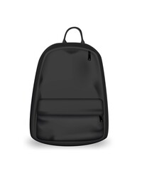 Black backpack design. College or school rucksack mockup vector illustration. Realistic youth pack of fabric for study or sport with shadows