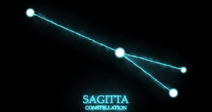 Sagitta constellation. Light rays, laser light shining blue color. Stars in the night sky. Cluster of stars and galaxies. Horizontal composition, 4k video quality