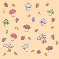 Cute pattern with mushrooms, grapes and leaves.
