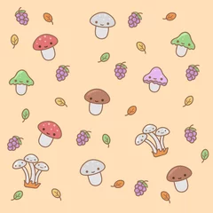 Gordijnen Cute pattern with mushrooms, grapes and leaves.  © Elizabeth