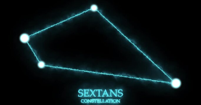 Sextans constellation. Light rays, laser light shining blue color. Stars in the night sky. Cluster of stars and galaxies. Horizontal composition, 4k video quality