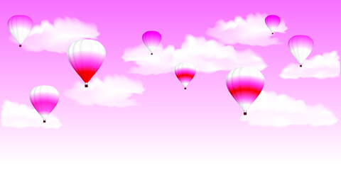 Fototapeta na wymiar Bright, multi-colored balloons on a pink sky with white fluffy clouds. Light pink background. Vector illustration