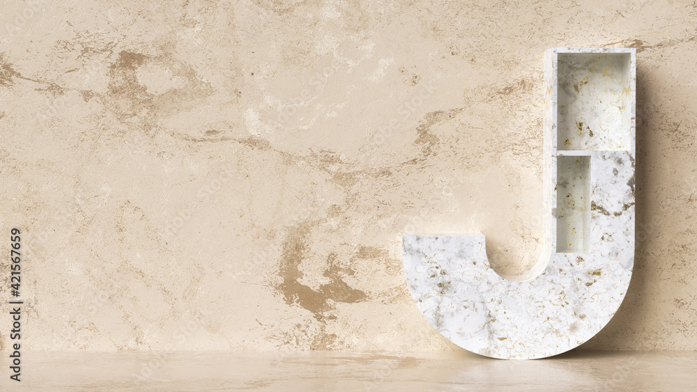 Poster marble letter j with shelves. design blog and decorative architecture concepts. 3d rendering.