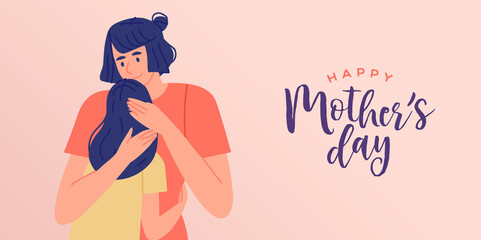 Happy Mother's Day mom hug daughter banner