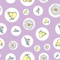 Vector pastel purple background daisy flowers, birds butterfly seamless pattern. butterflies. Seamless pattern background